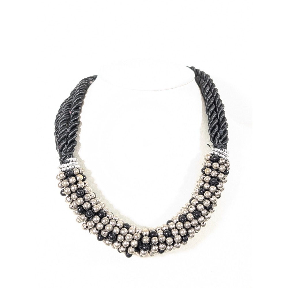 Black Cord Wrapped Silver Tone Bead Statement Necklace Modern Minimalist 22"